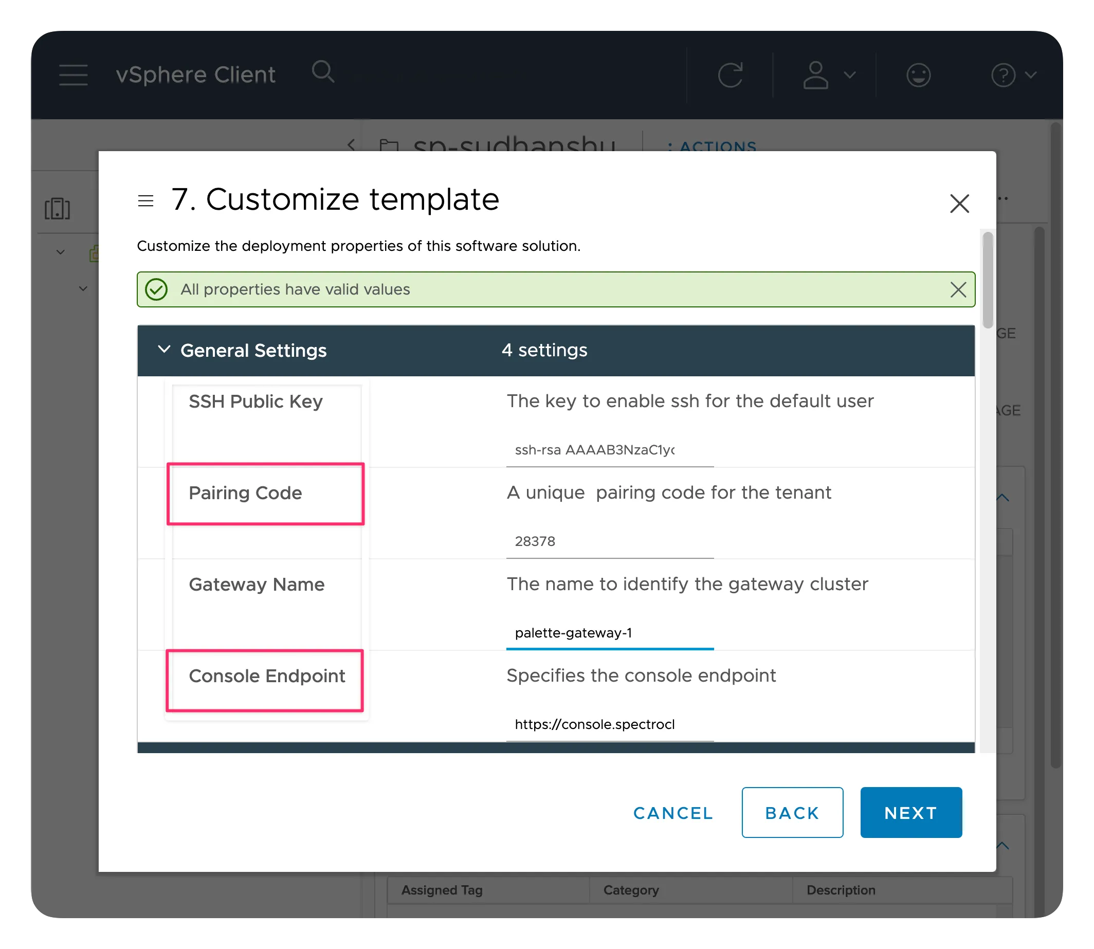 A screenshot displaying the OVF template properties you  configure while deploying the PCG installer VM